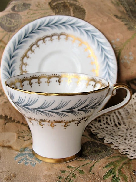 Grey Feather Aynsley Teacup and Saucer, White Tea Cup buy and Saucer with Gold Border, English Bone China