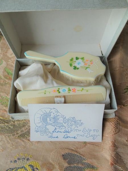 Rare Vintage 1960’s Infant Baby high quality Celluloid Brush and Comb Gift Set New Old Stock