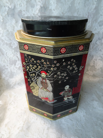 DECORATIVE Vintage Cookie Tin,English Tin,Farm House Decor,Tea or Cookie Canister,Oriental Decor,Black Red Gold Tin,Antique Tins,Collectible Advertising Tins