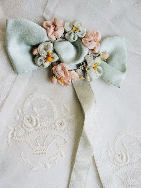ANTIQUE French Flapper Vintage Handmade Silk RIBBONWORK Rosettes Ribbon Flowers Roses Tiny Flowers Downton Abbey Era Bridal Trim Bouquet