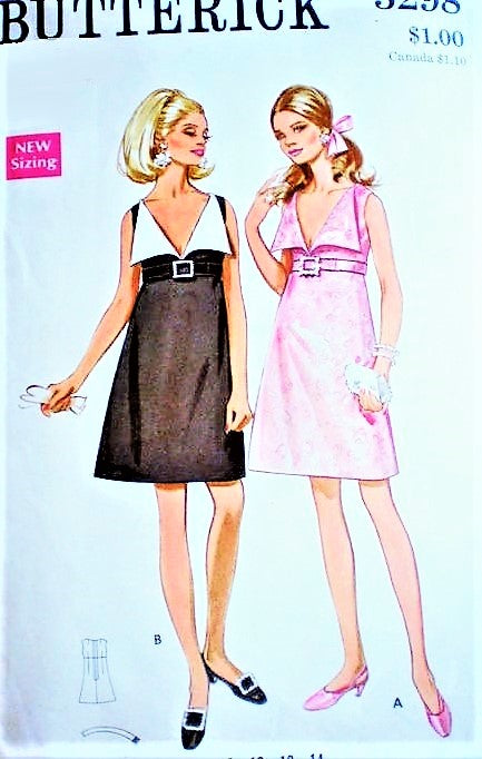 MOD 60s Glam Cocktail Party Dress Pattern BUTTERICK 5298 Low V Neckline Wide Collar Empire Evening Dress Bust 34 Vintage Sewing Pattern