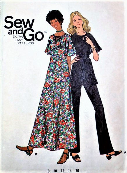 Retro 70s Maxi Dress,Tunic and Pants Pattern BUTTERICK 6305 Flutter Sleeves, Keyhole Bust 34 Extra EASY Vintage Sewing Pattern UNCUT