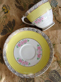 1930s VINTAGE Art Deco Teacup and Saucer Sweet Hand Painted  Pink Flowers Sunny Yellow Royal Mayfair English Bone China Tea Cup and Saucer