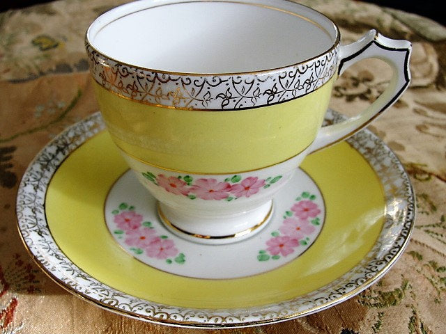 1930s VINTAGE Art Deco Teacup and Saucer Sweet Hand Painted Pink Flowers Sunny Yellow Royal Mayfair English Bone China Tea Cup and Saucer