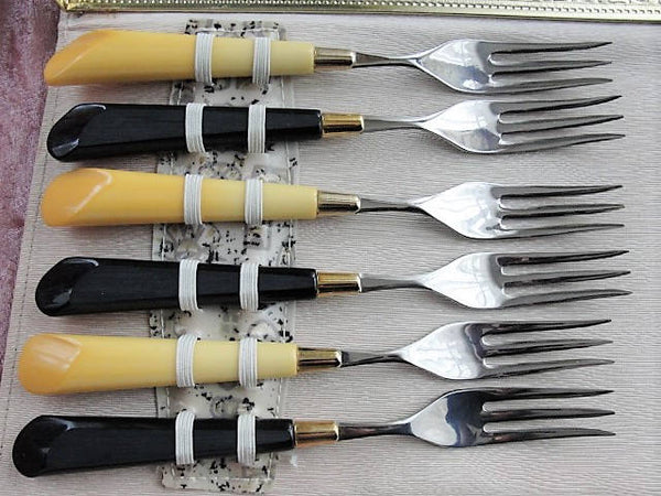 Vintage GLO-HILL of Canada Gold'n & Ebony 1950's Steakmates Knives With Gold  and Black Bakelite Handles Set of 6 