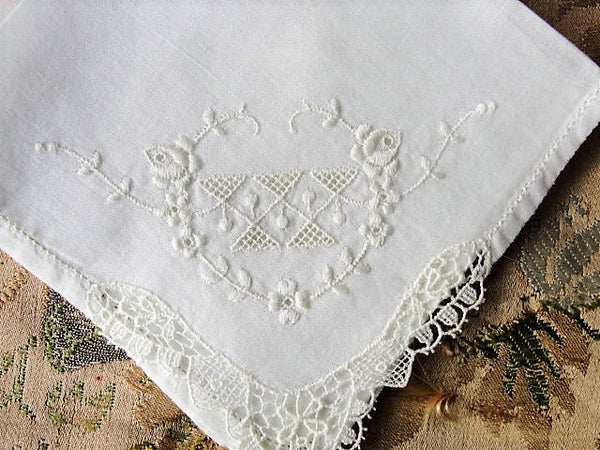 30s VINTAGE Hand Embroidered Hankie Handkerchief White Work