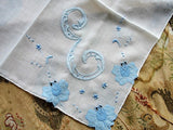 LOVELY Vintage Madeira Embroidered Applique Blue Roses Monogram E Hankie BRIDAL WEDDING Handkerchief Special Hanky Marghab Something Blue