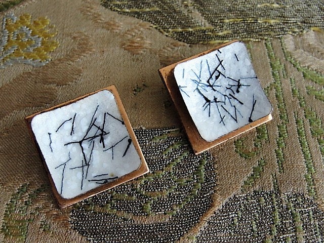 VINTAGE 1950s EAMES ERA Copper and Enamel Earrings ,Matisse Renoir Atomic Pattern,Curtis Tamm Enamel Striking Luminous Black n White Enamel