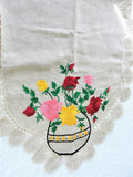 ANTIQUE Linen Runner Dresser Buffet Scarf Table Centerpiece ROSES Embroidery,Natural Linen,Mission Oak Furniture, French Country, Farmhouse