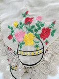 ANTIQUE Linen Runner Dresser Buffet Scarf Table Centerpiece ROSES Embroidery,Natural Linen,Mission Oak Furniture, French Country, Farmhouse