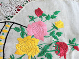 ANTIQUE Linen Runner Dresser Buffet Scarf Table Centerpiece ROSES Embroidery,Natural Linen,Mission Oak Furniture, French Country, Farmhouse
