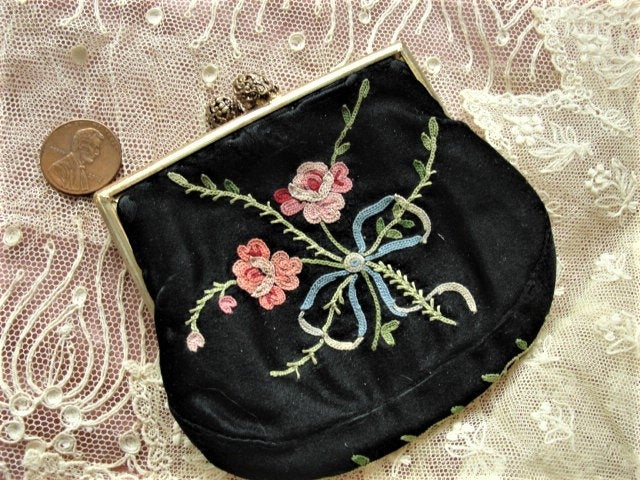 LOVELY Antique FRENCH Embroidered Change Purse,Pink Roses,Blue Bow, Handbag Purse,Evening Clutch, Collectible Purses, Made in France