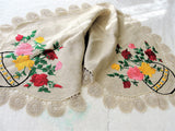 ANTIQUE Linen Runner Dresser Buffet Scarf Table Centerpiece ROSES Embroidery,Natural Linen,Mission Oak Furniture, French Country, Farmhouse