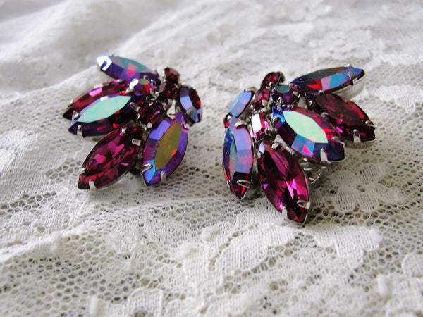 Signed hotsell Sherman Floral and Leaf Shaped Lavender Swarovski Rhinestones AB Aurora Borealis Clip on Earring Set