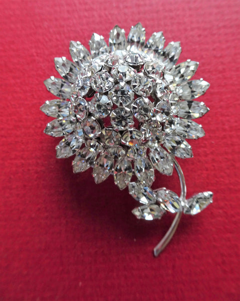 1950s Vintage Costume Jewelry Diamond Rhinestone Leaf/flower Form Silver  Tone Pin/brooch 