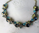 GORGEOUS Mid Century Necklace, Sparkling Faceted Crystal Stones,Blues,Champagne, Ab Stones,Intricate Silver Tone Metal, Collectible Jewelry