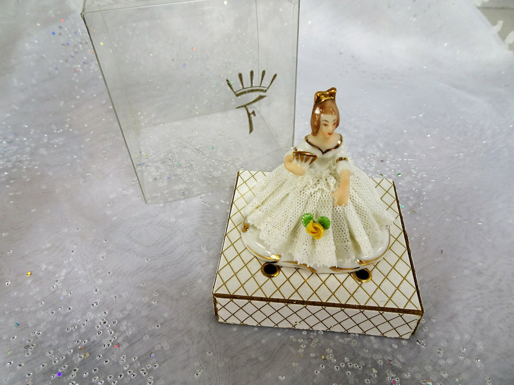 ANTIQUE Dresden Doll Figurine In ORIGINAL Box,Miniature Dresden Porcelain Figurine,Porcelain Lace Dress,Holding Fan,Collectible Figurines