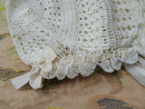 ANTIQUE Lace Baby Bonnet,Hand Crochet Lace,Interesting Lace Pattern,Long Silk Ties,Perfect For Baby,French Bebe Dolls,Teddy Bear,Baby Shower