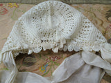 ANTIQUE Lace Baby Bonnet,Hand Crochet Lace,Interesting Lace Pattern,Long Silk Ties,Perfect For Baby,French Bebe Dolls,Teddy Bear,Baby Shower