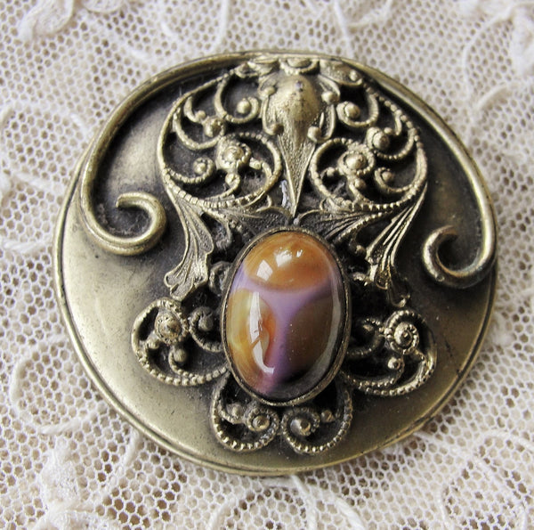 Antique Art NOUVEAU Victorian HUGE 2 Inch Fancy Button Highly Detailed  FILIGREE Design With Art Glass Stone Very Rare Jewel Button