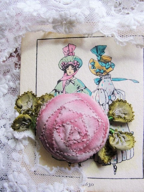 AUTHENTIC Antique French Ribbonwork Rose Bud Rosette Ombre Ribbon Flower 1920s Flapper Floral Pink High Dome Large French Ribbonwork Flower