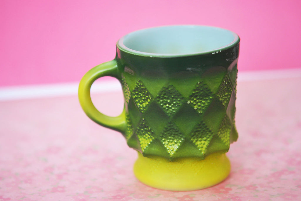 Fun RETRO 70s Coffee Mug Rare Avocado Green Fire-King Kimberly Diamond Milk Glass Kitchen Collectible Mugs
