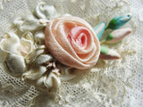 Lovely Antique French Ribbonwork Pink Rose Ribbon Flowers Rosettes Bud Flowers Lace Edged 20s Flapper Gatsby Perfect For Bridal Weddings