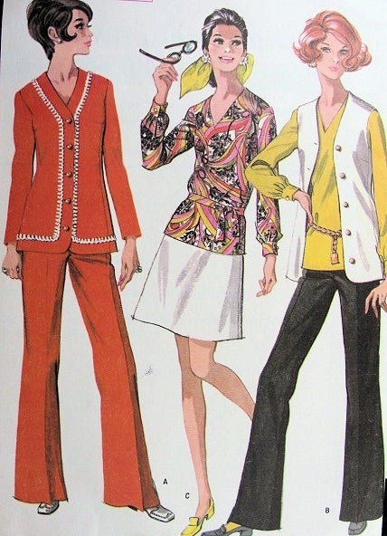1960s Mod Jacket Vest Bell Bottom Pants Pants Suit Skirt V Neck