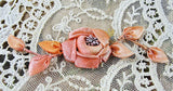BEAUTIFUL French Ribbonwork Large Spray of Roses Buds Rosette Ribbon Flowers 1920s Flapper era Floral with Stamens Peachy Pink Never Used