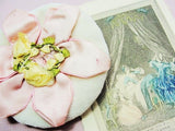 Lovely Antique French RIBBONWORK Pink and Yellow Roses Ribbon Flowers Rosettes Adorning POWDER PUFF 20s Boudoir Flapper Gatsby Decor