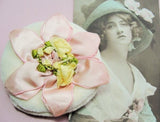 Lovely Antique French RIBBONWORK Pink and Yellow Roses Ribbon Flowers Rosettes Adorning POWDER PUFF 20s Boudoir Flapper Gatsby Decor