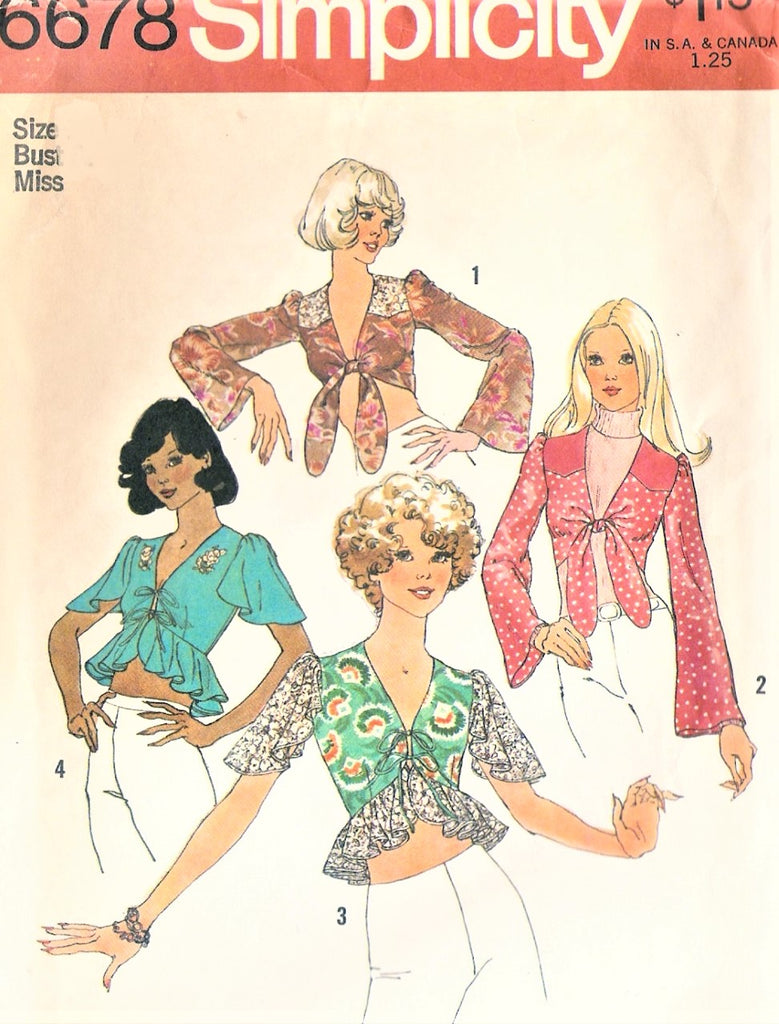 Vintage 1970s Retro Midriff Tops Sewing Pattern SIMPLICITY 6678 Halter Top Angel Wing Flutter Sleeves Bust 34 Sexy Front Tie Crop Top Blouse