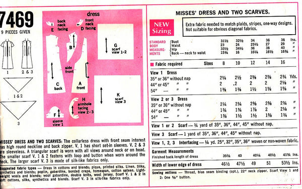 1960s MOD Dress Pattern SIMPLICITY 7469 With Two Scarves Easy To Sew B – A  Vintage shop