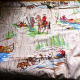 WONDERFUL 1940s Curtain, Cabin Theme, Canoeing, Dog Sleds, Indian Chief, RCMP, Horses,Cotton Fabric For Crafts, Collectible Vintage Fabrics