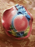 PRETTY Royal Copley Vintage Wall Pocket, Rose Pink Straw Hat with Flowers and Blue Ribbon, Wall Planter, Wall Vase, Vintage Wall Décor