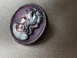 BEAUTIFUL Antique ATHENA Iridescent Glass Button, Intricate Rare Victorian Button, Mythology, Minerva, Lovely Colors, Collectors Antique Buttons