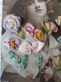 French RIBBONWORK Flowers,Rosettes,Ribbon Flowers For Doll Costuming, Hats,Flapper Dress,Collectible Vintage French Trims