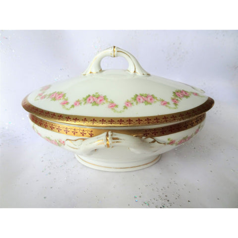 BEAUTIFUL Limoges Style Sauce Tureen,Pink Roses and Gold Trim,Handled Covered Dish,Imperial Vienna MZ Austria,Bridal Roses Pattern
