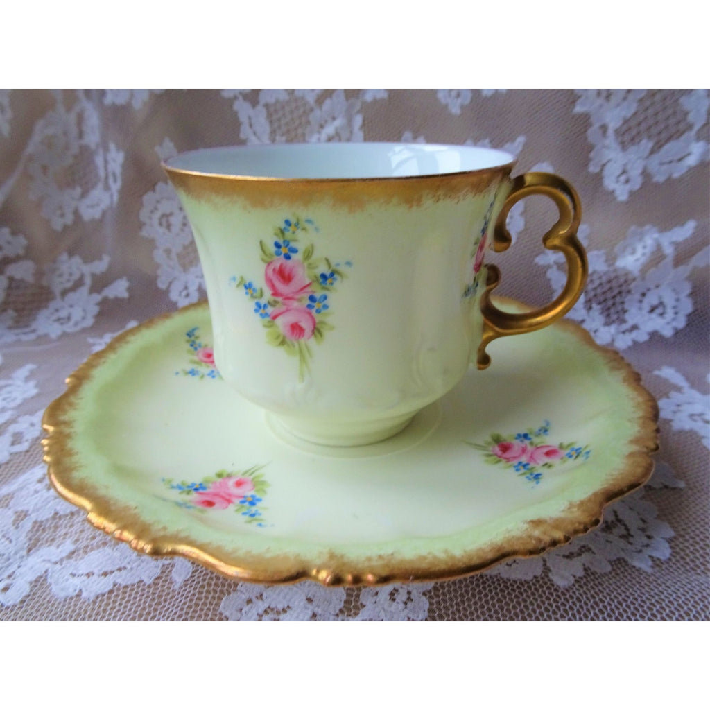 GORGEOUS Antique Rosenthal Hand Painted Teacup and Saucer,Hand Painted Pink Roses and Blue Flowers,Ornate Handle,Collectible Cabinet Teacups