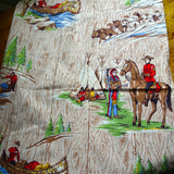 WONDERFUL 1940s Curtain, Cabin Theme, Canoeing, Dog Sleds, Indian Chief, RCMP, Horses,Cotton Fabric For Crafts, Collectible Vintage Fabrics