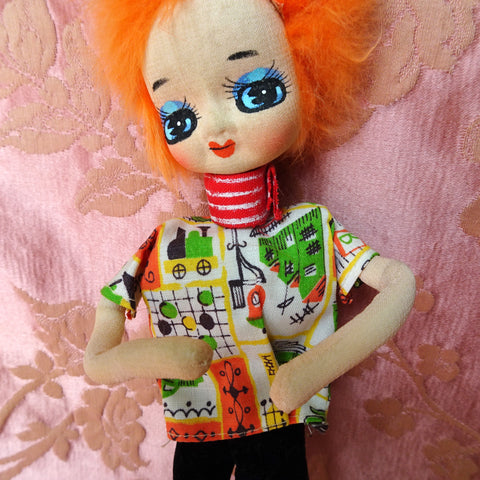 VINTAGE 1960s Japanese  Posable Doll, Kawaii ,Showa, Big Eyes Cloth Doll, Collectible Dolls