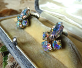 DAZZLING SHERMAN Earrings Signed, Aurora Borealis Swarovski Glass Rhinestones, Drop Dangle Earrings, MCM,Mid Century Jewelry,Collectible Vintage Jewelry