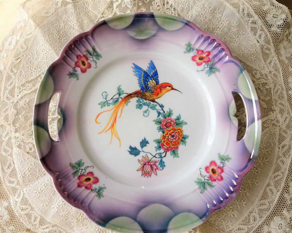 ART DECO Cake Plate, Beautiful Lusterware, German Porcelain, Exotic Bird and Flowers, Decorative Cabinet Plate, Romantic Cottage Decor