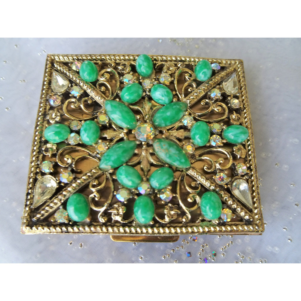 STUNNING Jeweled Powder Compact, Luxurious Purse Compact,Sparkling AB, Faceted and Green Peking Like Glass Stones, S.F.Co, Vintage Compacts