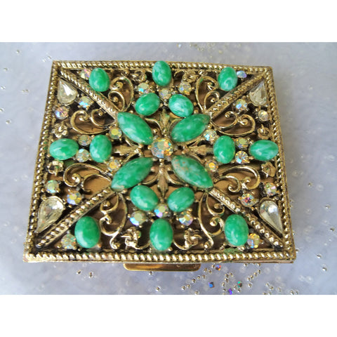 STUNNING Jeweled Powder Compact, Luxurious Purse Compact,Sparkling AB, Faceted and Green Peking Like Glass Stones, S.F.Co, Vintage Compacts