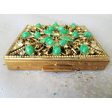 STUNNING Jeweled Powder Compact, Luxurious Purse Compact,Sparkling AB, Faceted and Green Peking Like Glass Stones, S.F.Co, Vintage Compacts