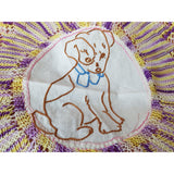 ADORABLE 1920s-30s Embroidered Puppy Dog Doily,Cute To Frame,Lovely Purple Yellow Crochet Lace,Dog Lover Gift,Children's Room,Unique Doilies