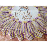 ADORABLE 1920s-30s Embroidered Puppy Dog Doily,Cute To Frame,Lovely Purple Yellow Crochet Lace,Dog Lover Gift,Children's Room,Unique Doilies