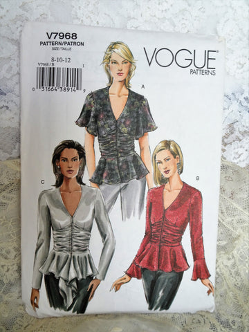 LOVELY Vintage Vogue V7968 Blouse Pattern,3 Beautiful Styles ,Size 8-10-12,Easy V Neck Peplum Blouse With Bell Sleeves Sewing Pattern
