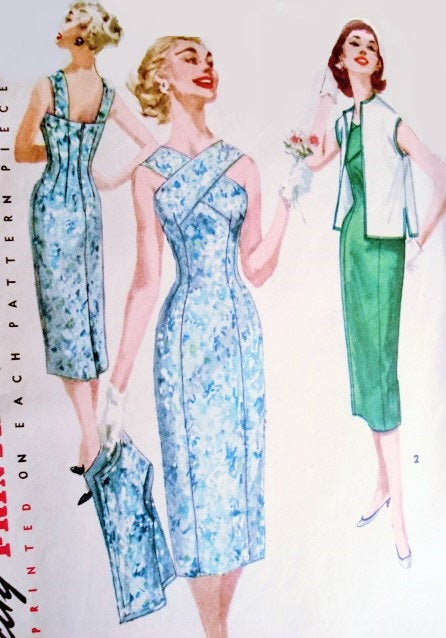 50s BOMBSHELL Cocktail Evening or Day Sun Dress and Jacket Pattern SIMPLICITY 1619 Princess Line Sheath Flirty Criss Cross Front Neckline Strappy Back Fifties Bombshell Dress Bust 30 Vintage Sewing Pattern